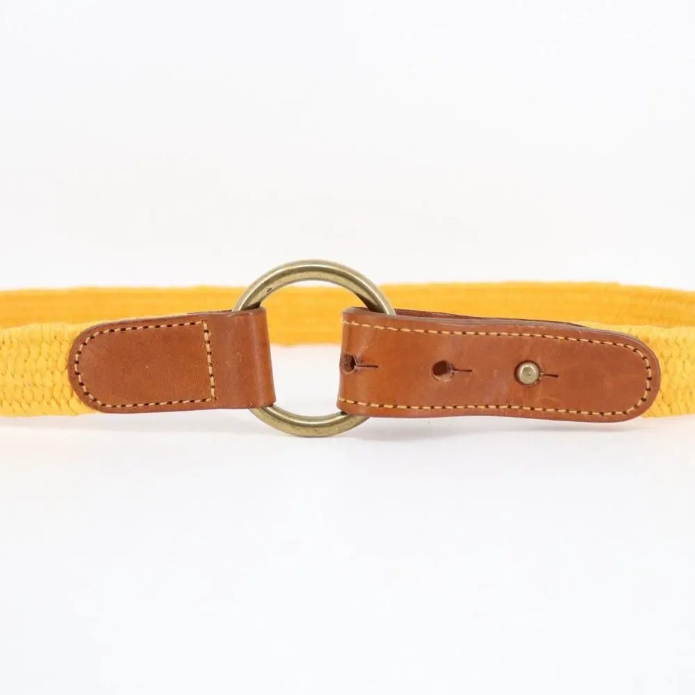 Linea Pelle Belt Medium Orange Gold Jute Stretch Leather Trim Brass Ring Tab